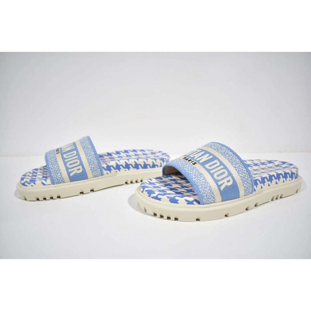 Christian Dior Dway Blue White Logo Houndstooth Slide Mule Flat Flop Sandal 37.5 - Picture 11 of 12